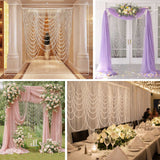 Decorative wedding archways with drapes and floral arrangements.