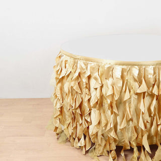 Create a Dreamy Atmosphere with the Champagne Curly Willow Taffeta Table Skirt