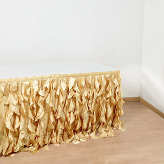 Elegant Champagne Curly Willow Taffeta Table Skirt for Stunning Event Decor