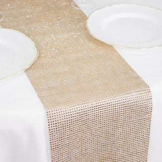 Elevate Your Event with the Champagne Diamond Rhinestone Mesh Table Runner