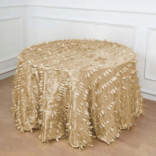 Elegant Champagne 3D Leaf Petal Taffeta Fabric Seamless Round Tablecloth