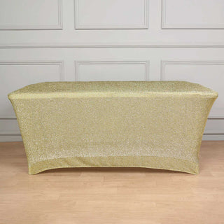 Add Glamour to Your Event with the 72"x30" Champagne Metallic Shimmer Tinsel Spandex Table Cover