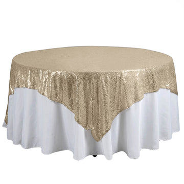 90"x90" Champagne Premium Sequin Square Table Overlay, Sparkly Table Overlay