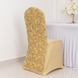 Add Glamour and Elegance with Champagne Satin Rosette Spandex Stretch Banquet Chair Covers