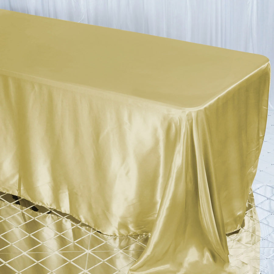 90"x132" Champagne Satin Seamless Rectangular Tablecloth for 6 Foot Table With Floor-Length Drop