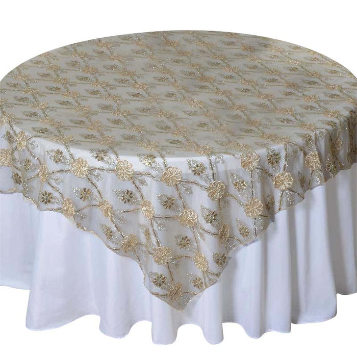 72"x72" Extravagant Fashionista Table Overlays - Champagne Lace Netting