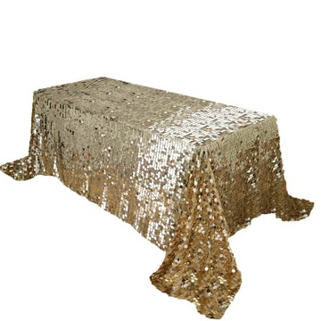 90"x132" Champagne Seamless Big Payette Sequin Rectangle Tablecloth Premium for 6 Foot Table With Floor-Length Drop