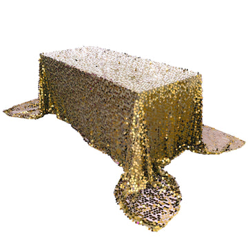 90"x156" Champagne Seamless Big Payette Sequin Rectangle Tablecloth Premium for 8 Foot Table With Floor-Length Drop