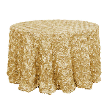 120" Champagne Seamless Grandiose 3D Rosette Satin Round Tablecloth for 5 Foot Table With Floor-Length Drop