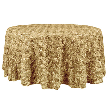132" Champagne Seamless Grandiose Rosette 3D Satin Round Tablecloth for 6 Foot Table With Floor-Length Drop