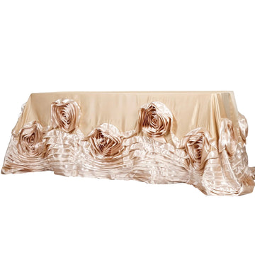 90"x156" Champagne Seamless Large Rosette Rectangular Lamour Satin Tablecloth for 8 Foot Table With Floor-Length Drop