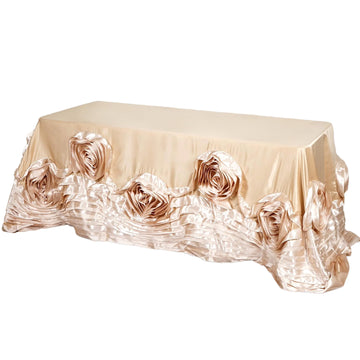 90"x132" Champagne Seamless Large Rosette Rectangular Lamour Satin Tablecloth for 6 Foot Table With Floor-Length Drop
