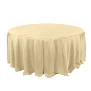 132" Champagne Seamless Polyester Round Tablecloth for 6 Foot Table With Floor-Length Drop