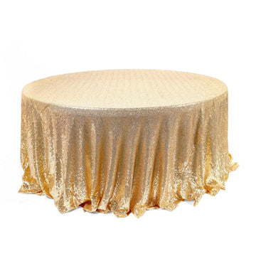 120" Champagne Seamless Premium Sequin Round Tablecloth for 5 Foot Table With Floor-Length Drop