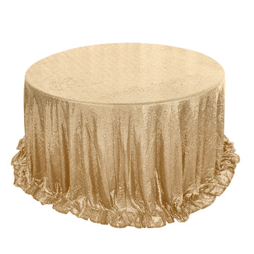 132" Champagne Seamless Premium Sequin Round Tablecloth, Sparkly Tablecloth