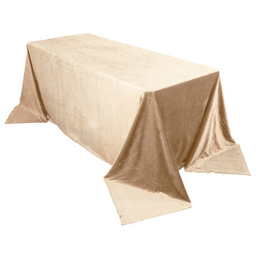 90"x132" Champagne Seamless Premium Velvet Rectangle Tablecloth, Reusable Linen for 6 Foot Table With Floor-Length Drop