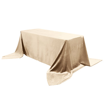 90"x156" Champagne Seamless Premium Velvet Rectangle Tablecloth, Reusable Linen for 8 Foot Table With Floor-Length Drop