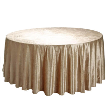 120" Champagne Seamless Premium Velvet Round Tablecloth, Reusable Linen for 5 Foot Table With Floor-Length Drop