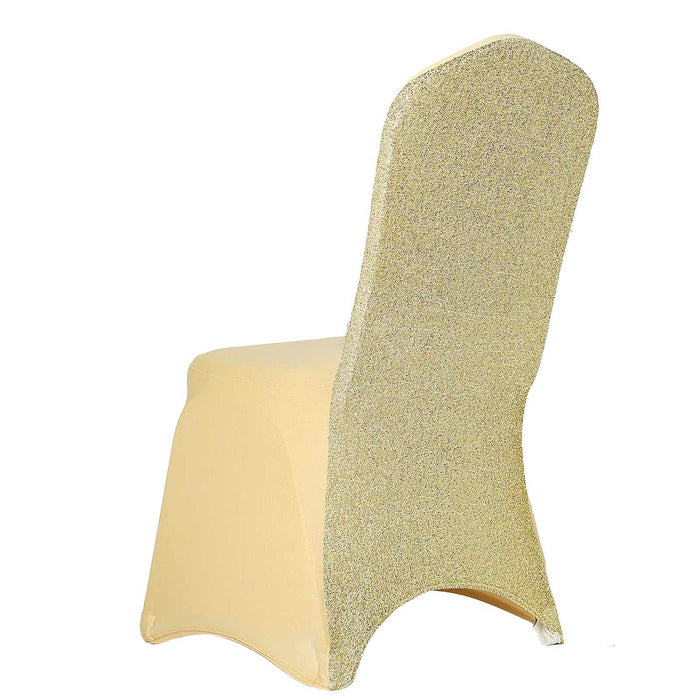 Champagne Spandex Stretch Banquet Chair Cover, Fitted with Metallic Shimmer Tinsel Back#whtbkgd