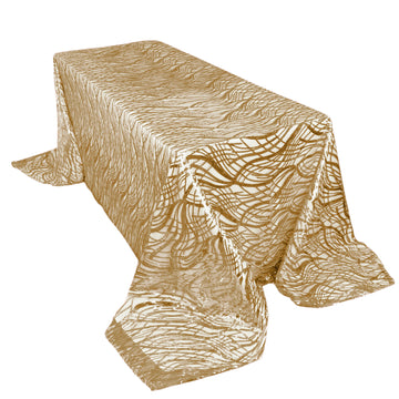 90"x156" Champagne Wave Mesh Rectangular Tablecloth With Embroidered Sequins for 8 Foot Table With Floor-Length Drop
