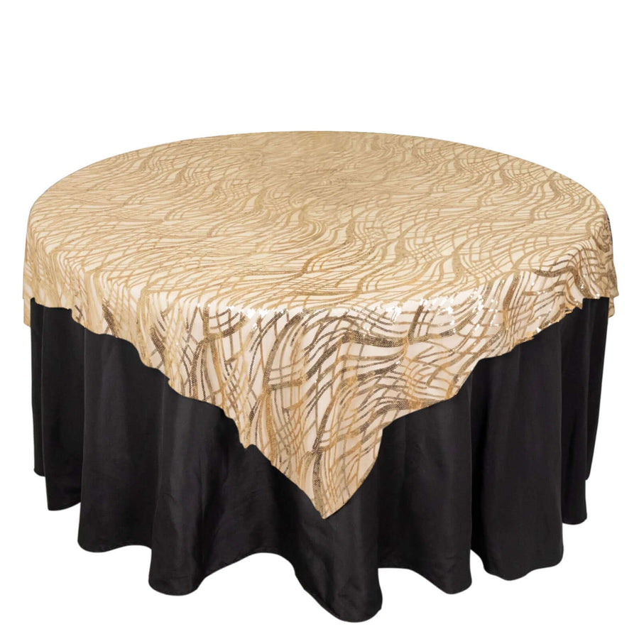 72x72inch Champagne Wave Mesh Square Table Overlay With Embroidered Sequins