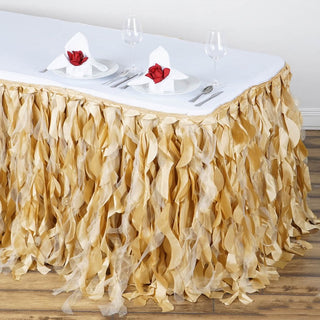 Elegant Champagne Curly Willow Taffeta Table Skirt for Stunning Event Decor