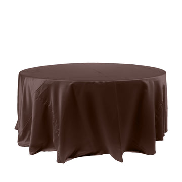 120" Chocolate Seamless Satin Round Tablecloth for 5 Foot Table With Floor-Length Drop