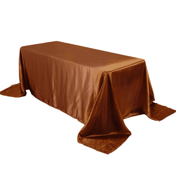 90"x132" Cinnamon Brown Satin Seamless Rectangular Tablecloth for 6 Foot Table With Floor-Length Drop