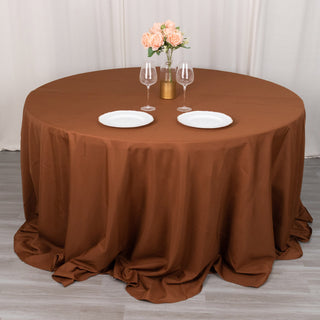 Enhance Your Event with the 132" Cinnamon Brown Seamless Polyester Round Tablecloth