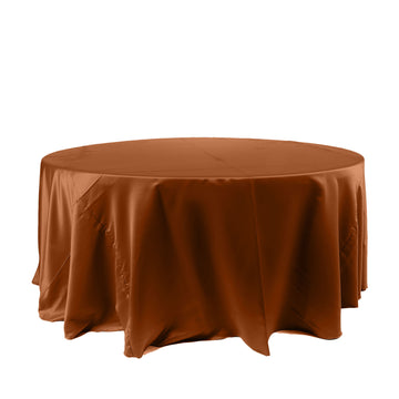 120" Cinnamon Brown Smooth Seamless Satin Round Tablecloth for 5 Foot Table With Floor-Length Drop
