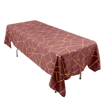 Polyester 60"x102" Rectangle Tablecloth Cinnamon Rose with Gold Foil Geometric Pattern - Wrinkle-Resistant & Durable Table Cover