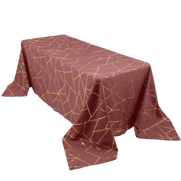 Polyester 60"x132" Rectangle Tablecloth Cinnamon Rose with Gold Foil Geometric Pattern - Wrinkle-Resistant and Durable Table Cover for Weddings & Events