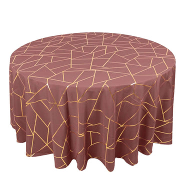 Polyester 120" Round Tablecloth Cinnamon Rose with Gold Foil Geometric Pattern Wrinkle-Resistant Seamless Table Cover