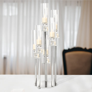33" Clear 7 Arm Crystal Cluster Round Taper Candelabra, Candle Holder For Votive, Pillar or LED Candles With Mirror Base