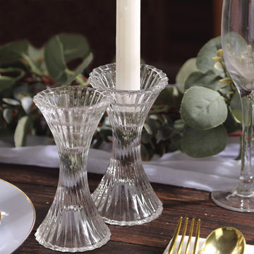 2 Pack 5" Clear Crystal Hour Glass Taper Candle Holders, Reversible Pillar Candlestick Stands With Diagonal Stripes