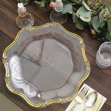6 Pack | 13" Clear / Gold Baroque Scalloped Acrylic Plastic Charger Plates, Hexagon Charger Plates