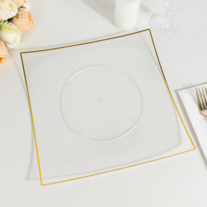 10 Pack | 10inch Clear / Gold Concave Modern Square Plastic Dinner Plates, Disposable Party Plates