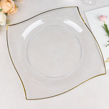 10 Pack 10" Clear Gold Wavy Rim Modern Square Plastic Dinner Plates, Disposable Party Plates