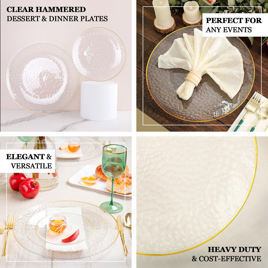 10 Pack | Clear Hammered 9inch Round Plastic Dinner Plates With Gold Rim