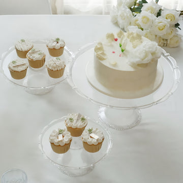 Set of 3 Clear Plastic Round Pedestal Cake Stands, Stackable Cupcake Dessert Display Holders - 9", 11", 15"