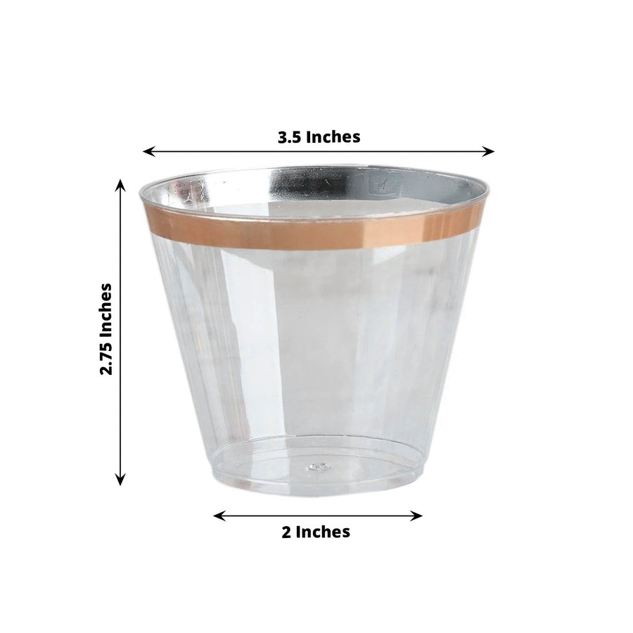 12 Pack | Clear 10oz Rose Gold Rim Plastic Party Cups, Disposable Tumblers