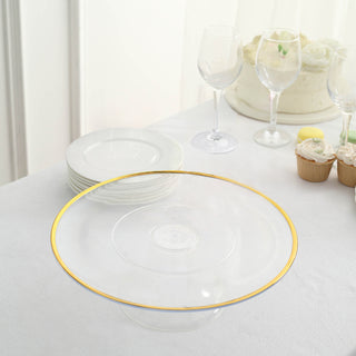 Elevate Your Dessert Display with the 2 Pack | 12" Clear With Gold Rim Disposable Pedestal Cake Stand