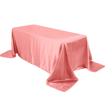 90"x132" Coral Red Satin Seamless Rectangular Tablecloth for 6 Foot Table With Floor-Length Drop - Clearance SALE