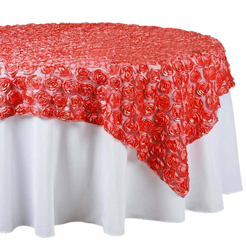 72"x72" Coral Satin 3D Rosette Lace Square Table Overlay - Clearance SALE