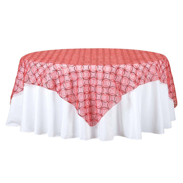 85"x85" Coral Sequin Circle Print Organza Square Table Overlay
