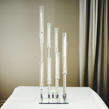 4.5ft Crystal 12-Arm Cluster Glass Taper Pillar Square Candle Stand, Hurricane Candle Holder Floral Pedestal Candelabra