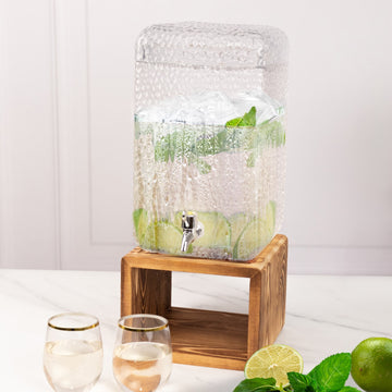 2 Gallon Clear Hammered Glass Drink Dispenser with Wooden Stand, Countertop Rectangular Juice Jar Beverage Dispenser with Lid and Stainless Steel Spigot - 19"