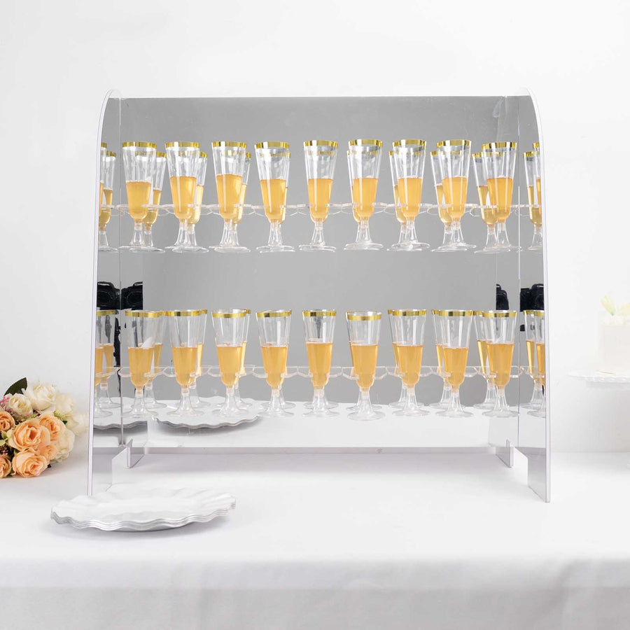 25" Silver Mirror Finish 18 Champagne Glass Display Stand, 2-Tier Table Top Cocktail Rack