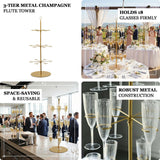 3-tier metal champagne flute tower for events, holds 18 glasses securely.