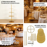 5-tier gold metal champagne tower stand, versatile and functional for events.